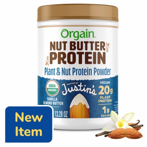 Orgain X JUSTIN’S® Organic Plant & Nut Butter 20g Vegan Protein Powder, Vanilla Almond Butter Perspective: front