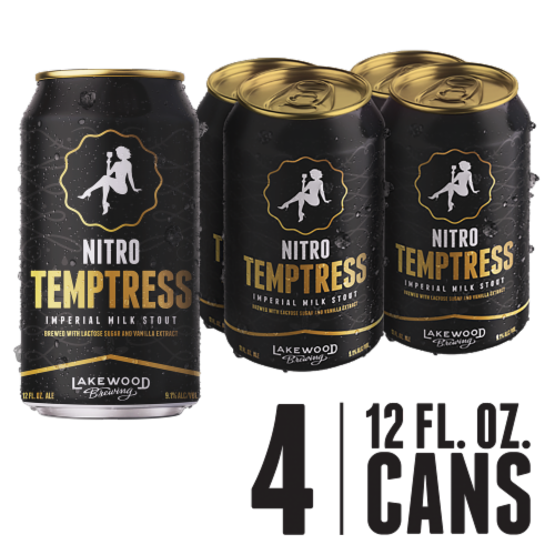 Lakewood Brewing Co. Temptress Nitro Imperial Milk Stout Craft Beer Cans Perspective: front