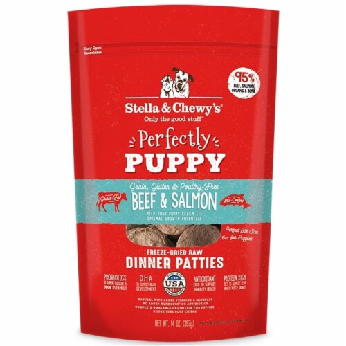Stella & Chewys 852301008090 14 oz Dog Freeze Dried Puppy Beef Salmon Dinner Patties Perspective: front