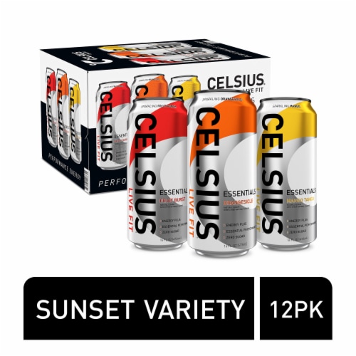 CELSIUS® ESSENTIALS Sparkling Sunset Energy Drink Variety Pack Perspective: front