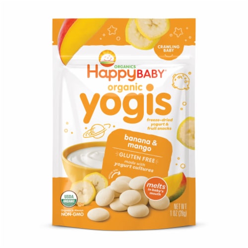Happy Baby Organic Yogis Freeze-Dried Yogurt & Fruit Snacks Banana Mango Bag Perspective: front