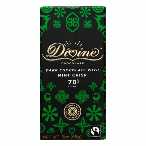 Divine Chocolate 70% Cocoa Dark Chocolate and Mint Crisp Bar Perspective: front