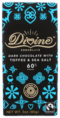 Divine Chocolate 60% Cocoa Dark Chocolate with Toffee and Sea Salt Bar Perspective: front