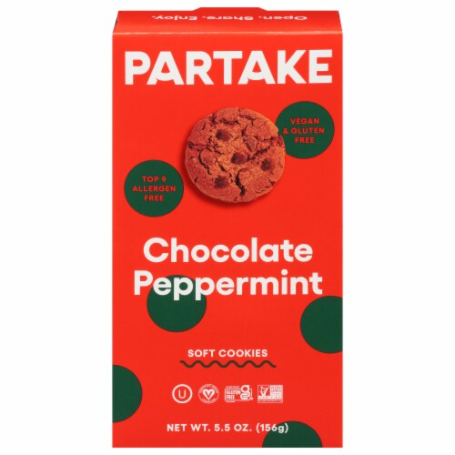 Partake Foods Vegan Soft Baked Chocolate Peppermint Cookies Perspective: front