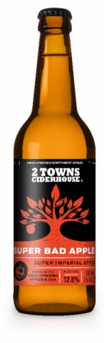 2 Towns Ciderhouse Super Bad Apple Cider Single Bottle Perspective: front