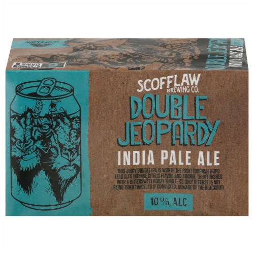 Scofflaw Double Jeopardy IPA Beer Cans Perspective: front