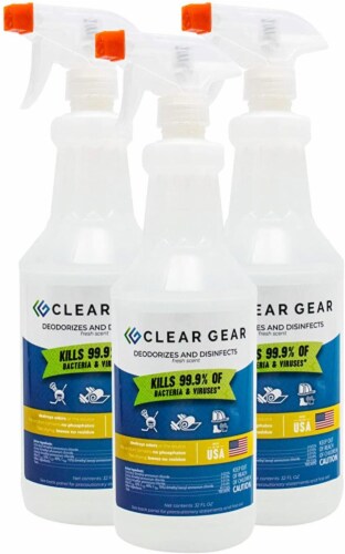 Clear Gear Sports Spray - Disinfectant & Sports Equipment Deodorizer - 32oz Bottle - 3-Pack Perspective: front
