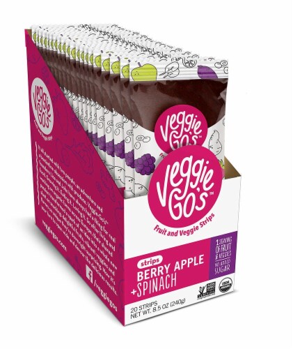 Veggie-Go's  Organic Fruit and Veggie Strips Gluten Free   Berry Apple Spinach Perspective: front