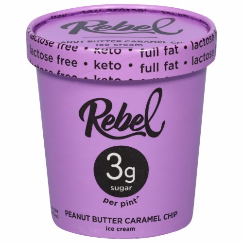 Rebel Keto Peanut Butter Caramel Chip Ice Cream Pint Perspective: front