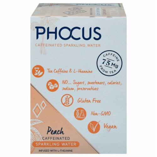 Phocus™ Caffeinated Peach Flavored Sparkling Water Cans Perspective: front