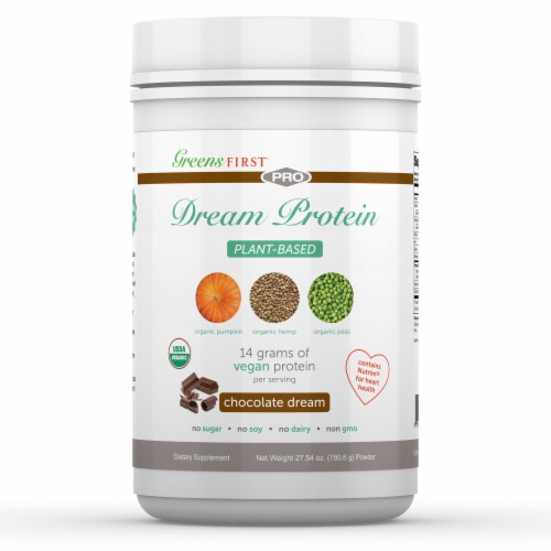 Greens First Dream Protein Chocolate Plant Based Protein Powder Perspective: front
