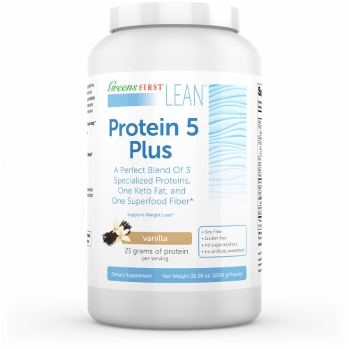 Greens First Lean Protein 5 Plus Vanilla Protein Powder Perspective: front