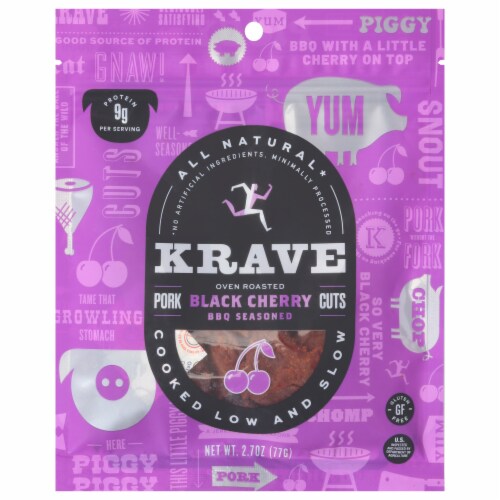 Krave Black Cherry BBQ Seasoned Pork Cuts Jerky Perspective: front