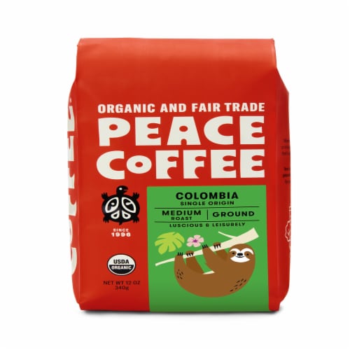 Peace Coffee Organic Fair Trade Single Origin Colombia Medium Roast Ground Coffee Perspective: front