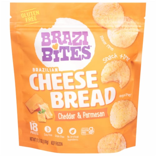 Brazi Bites® Cheddar & Parmesan Brazilian Frozen Bread Perspective: front