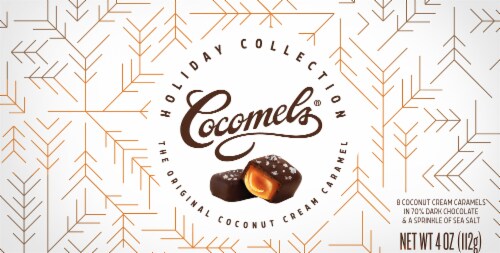 Cocomels® Dark Chocolate & Sea Salt Caramel Squares Holiday Gift Box Perspective: front