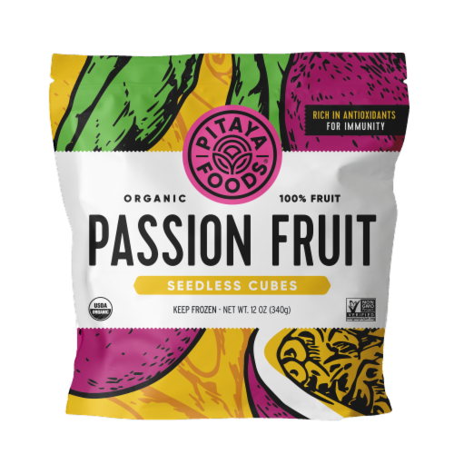 Pitaya Foods® Organic Passion Fruit Frozen Seedless Cubes Perspective: front