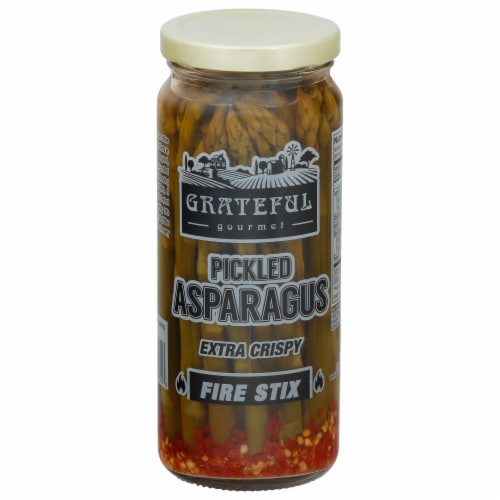 Grateful Gourmet Extra Crispy Pickled Asparagus Fire Stix Perspective: front