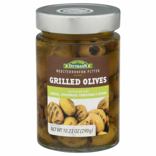 Fine Food Dittmann Garlic Lemon & Herbs Marinated Grilled Green Olives Perspective: front