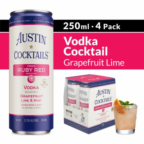 Austin Cocktails Grapefruit Lime and Mint Fred's Sparkling Ruby Red Vodka Canned Cocktail 4 Cans Perspective: front