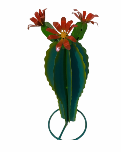 Blue Orange Pottery Peanut Cactus with Flower Decor Perspective: front