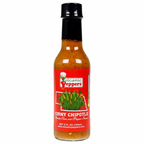 Volcanic Peppers Corny Chipotle Hot Sauce 5 Oz Bottle Roasted Corn Lime VPCORN Perspective: front