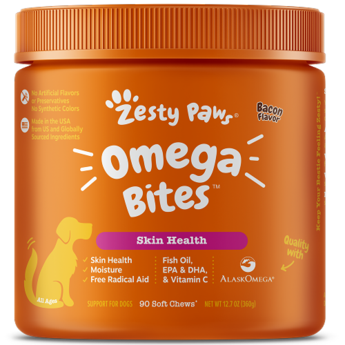 Zesty Paws® Omega Bites™ Skin Health Bacon Flavored Soft Chews Perspective: front