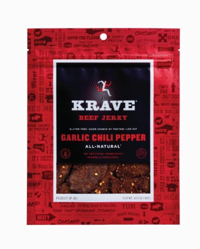 Krave Garlic Chili Pepper Beef Jerky Perspective: front