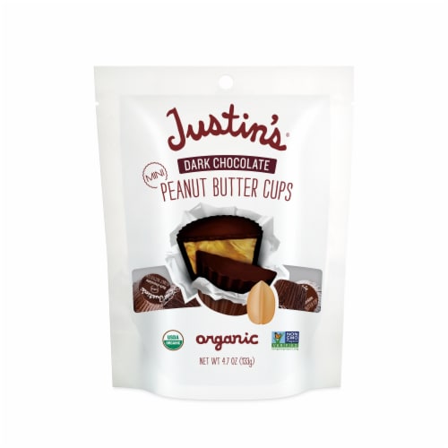 Justin's Organic Mini Dark Chocolate Peanut Butter Cups Bag 4.7 oz Perspective: front