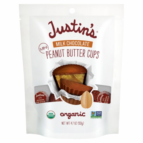 Justin's Organic Mini Milk Chocolate Peanut Butter Cups Bag 4.7 oz Perspective: front