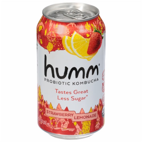 Humm® Strawberry Lemonade Probiotic Kombucha Single Can Perspective: front