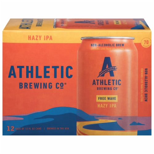 Athletic Brewing Co. Free Wave Hazy IPA Craft Non-Alcoholic Beer Cans Perspective: front
