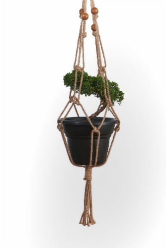 Primitive Planters Macrame Beaded Plant Hanger - Tan Perspective: front