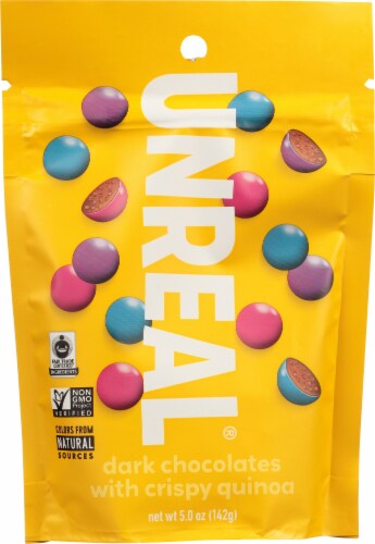 Unreal® Dark Vegan Chocolate Crispy Quinoa Gems Perspective: front