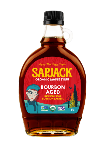 Sapjack™ Organic Burbon Barrel Aged Maple Syrup Perspective: front
