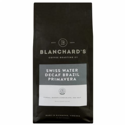 Blanchard's Swiss Water Decaf Brazil Primavera Whole Bean Coffee Perspective: front