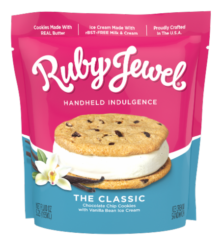 Ruby Jewel® Chocolate Chip Cookies + Vanilla Bean Ice Cream Sandwich Perspective: front