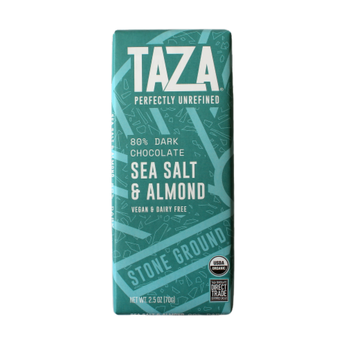 Taza Chocolate Organic Sea Salt & Almond Organic Stone Ground Dark Chocolate Bar Perspective: front