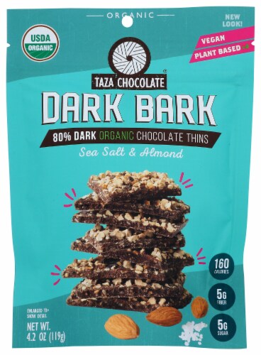 Taza Chocolate Dark Bark Sea Salt & Almond Organic Dark Chocolate Thins Perspective: front
