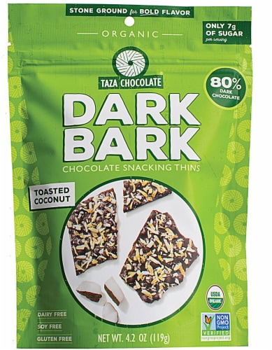 Taza Chocolate Gluten Free Dark Bark Toasted Coconut Chocolate Snacking Thins Perspective: front