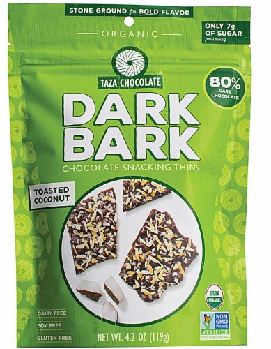 Taza Chocolate Gluten Free Dark Bark Toasted Coconut Chocolate Snacking Thins Perspective: front