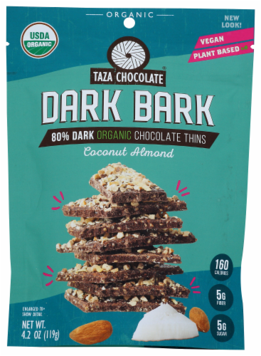 Taza Chocolate Dark Bark Coconut Almond Organic Dark Chocolate Thins Perspective: front