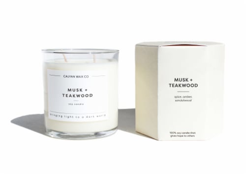 Calyan Wax Co. Musk + Teakwood Glass Soy Candle - White Perspective: front