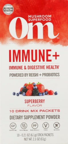 OM Immune+ Dietary Supplement Powder Drink Mix Stick Packets 10 Count Perspective: front