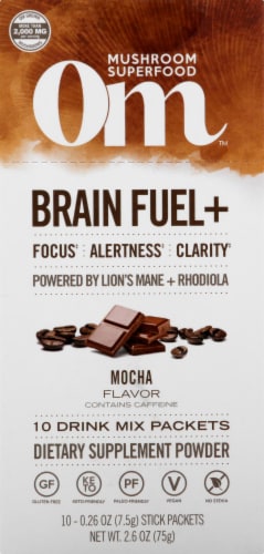 OM Brain Fuel+ Dietary Supplement Powder Drink Mix Stick Packets Perspective: front