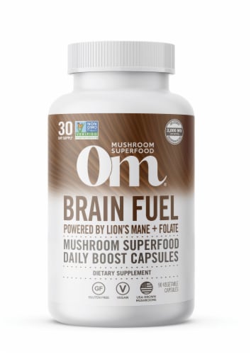 Om® Brain Fuel Mushroom Superfood Daily Boost Dietary Supplement Capsules Perspective: front