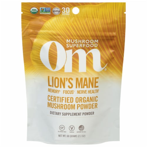 OM Lion's Mane Organic Gluten Free Mushroom Superfood Powder Perspective: front