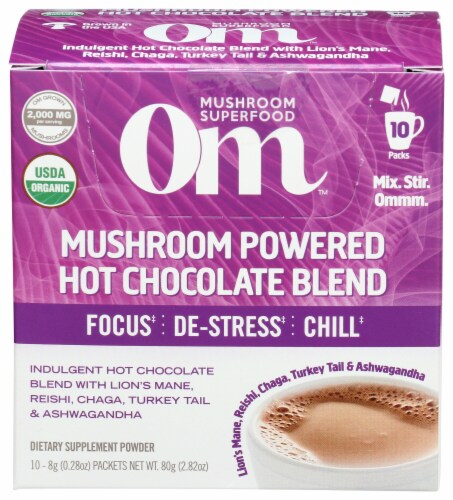 Om Mushroom Powered Hot Chocolate Packets Perspective: front