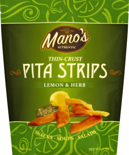 Mano's Authentic Lemon & Herb Thin Crust Pita Strips Perspective: front