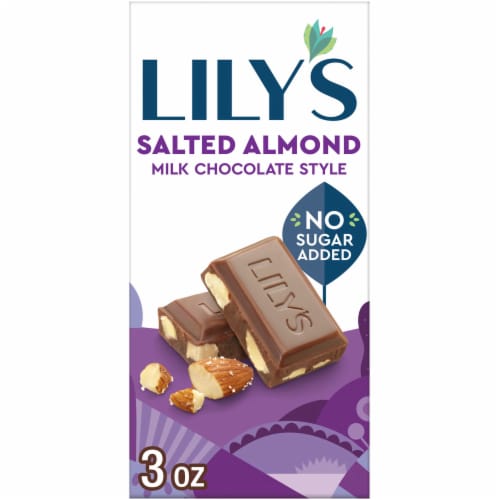 LILY'S Salted Almond Milk Chocolate Style No Sugar Added Sweets Bar Perspective: front